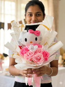 Graduation hello kitty 17cm with ribbon flower bouquet